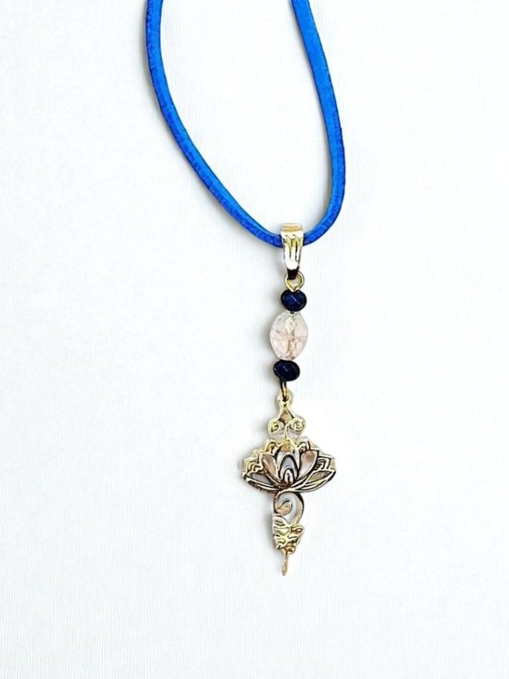 Gold Lotus Flower Gemstone Pendant Blue Suede Cord Necklace